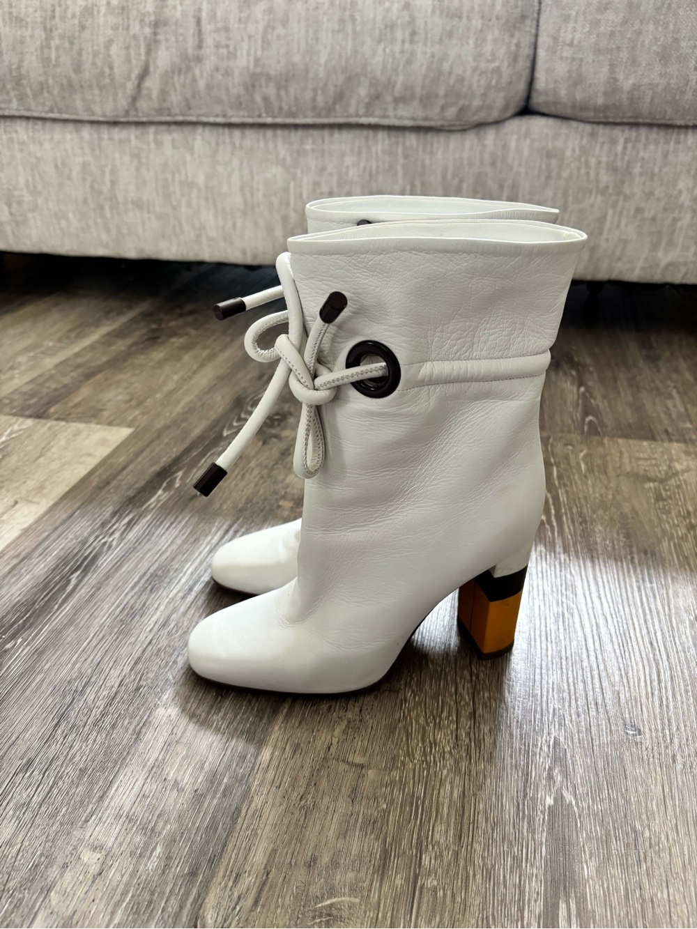Malone Souliers White Leather Mid-Calf Tie Boot with Accent Block Heel
